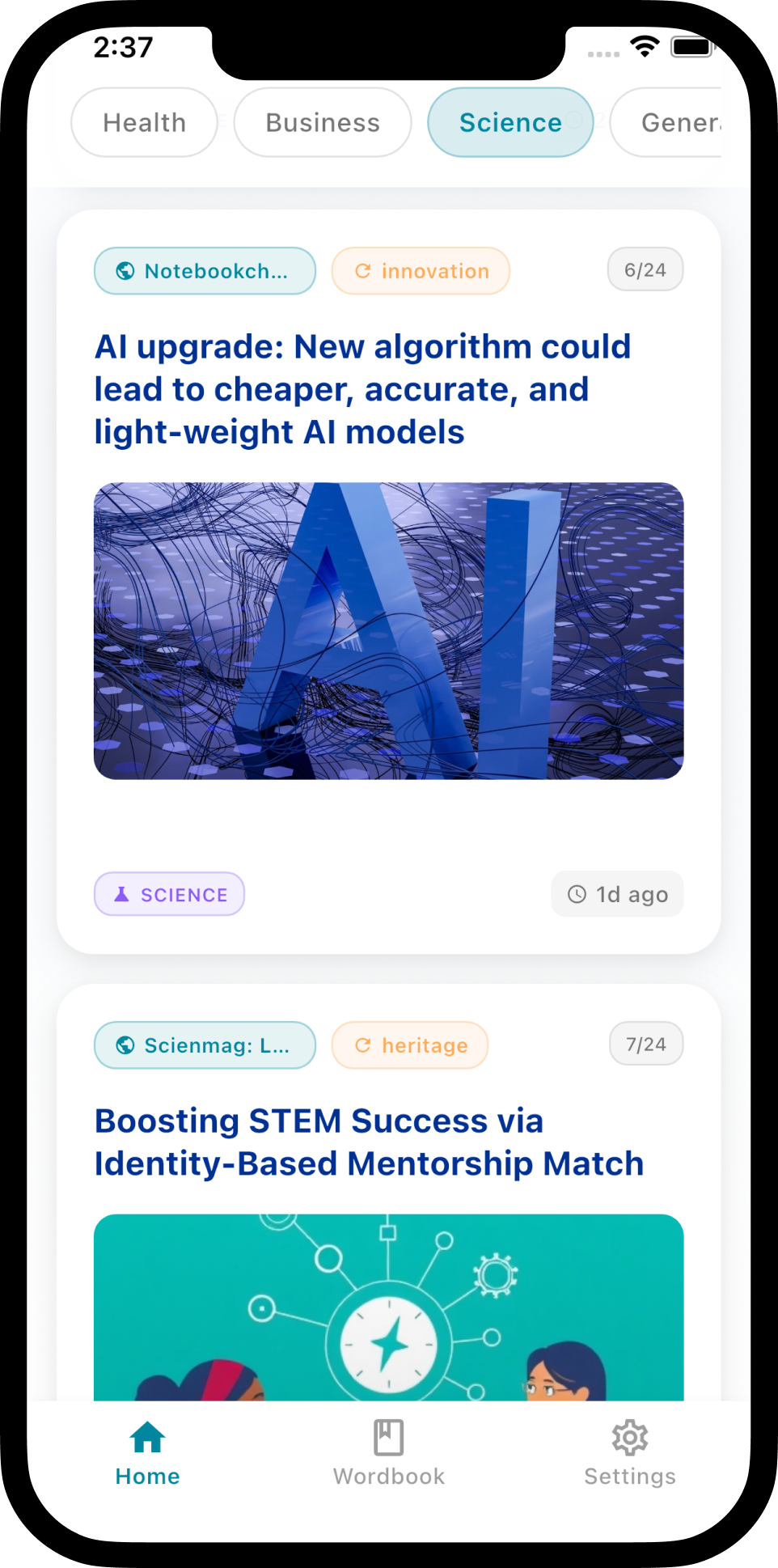 NewsyWord Feeds Screen